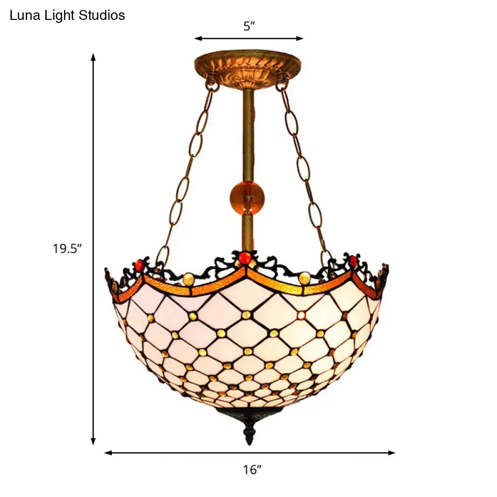 Stained Glass Semi Flushmount With Scalloped Inverted Design - 3 Lights For Traditional Living Room