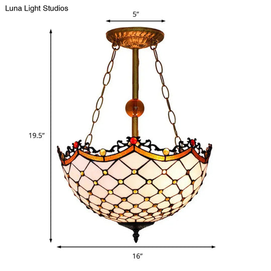 Stained Glass Semi Flushmount With Scalloped Inverted Design - 3 Lights For Traditional Living Room