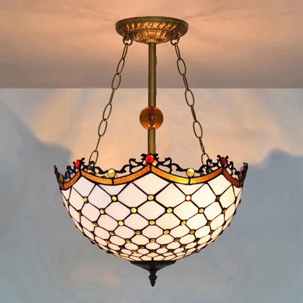 Stained Glass Semi Flushmount With Scalloped Inverted Design - 3 Lights For Traditional Living Room