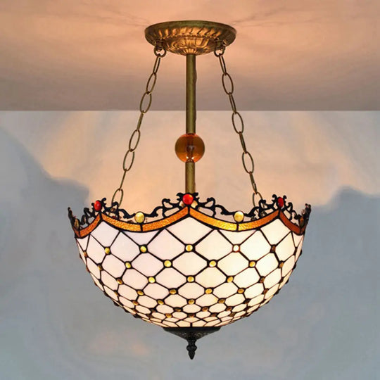 Stained Glass Semi Flushmount With Scalloped Inverted Design - 3 Lights For Traditional Living Room