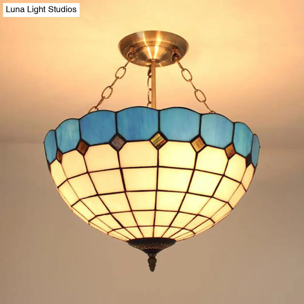 Blue/Brown Stained Glass Foyer Pendant Chandelier - Semi Globe Hanging Lamp Blue