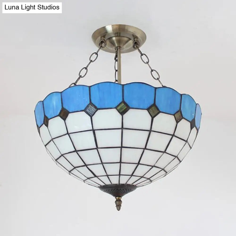 Blue/Brown Stained Glass Foyer Pendant Chandelier - Semi Globe Hanging Lamp