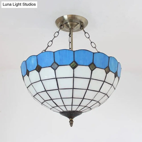 Blue/Brown Stained Glass Foyer Pendant Chandelier - Semi Globe Hanging Lamp