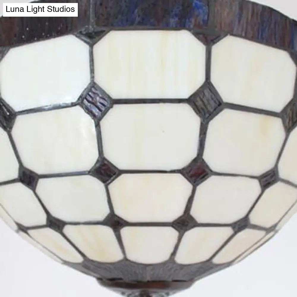 Stained Glass Semi Globe Chandelier With Hanging Rod In Blue/Brown For Foyer Pendant Light