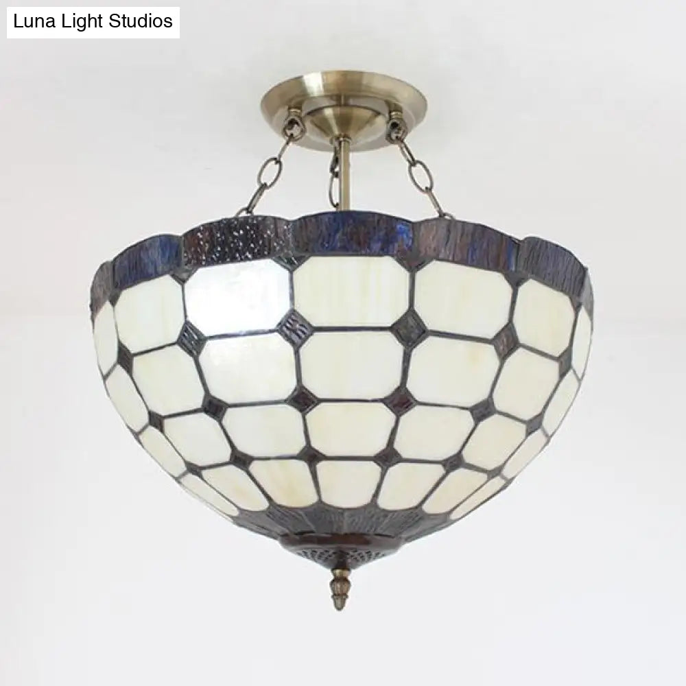 Stained Glass Semi Globe Chandelier With Hanging Rod In Blue/Brown For Foyer Pendant Light