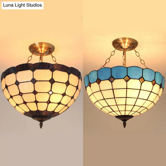 Stained Glass Semi Globe Chandelier With Hanging Rod In Blue/Brown For Foyer Pendant Light