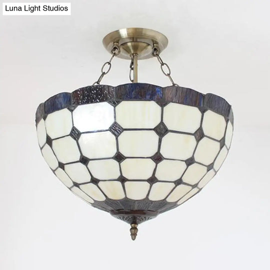 Blue/Brown Stained Glass Foyer Pendant Chandelier - Semi Globe Hanging Lamp