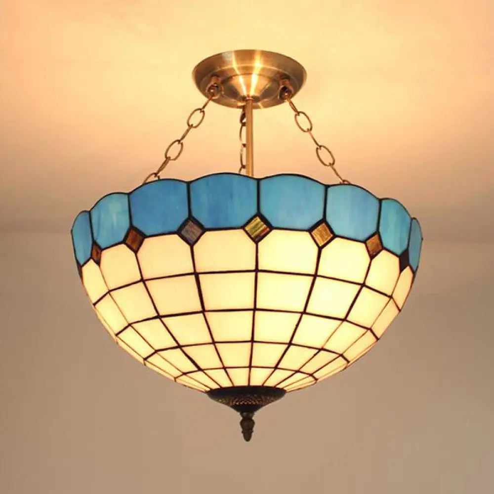Stained Glass Semi Globe Chandelier With Hanging Rod In Blue/Brown For Foyer Pendant Light Blue