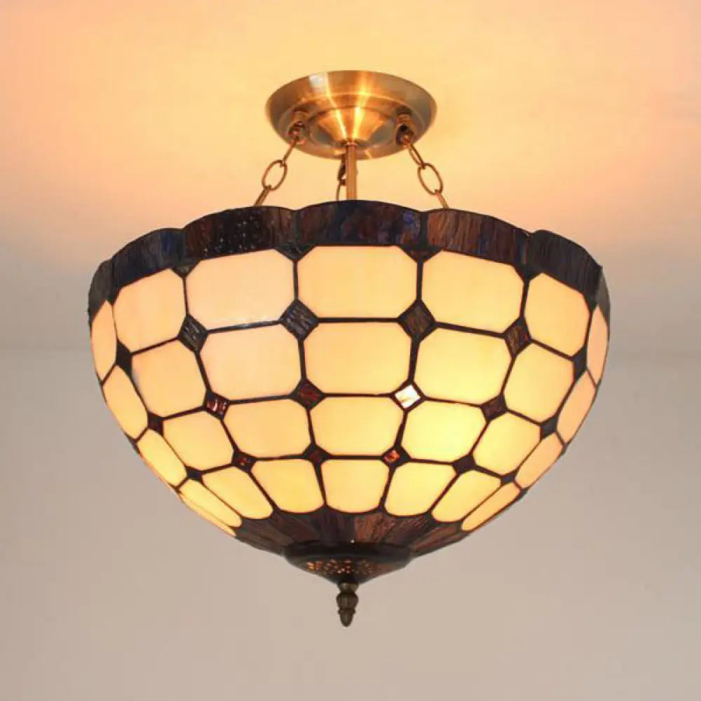 Stained Glass Semi Globe Chandelier With Hanging Rod In Blue/Brown For Foyer Pendant Light Brown