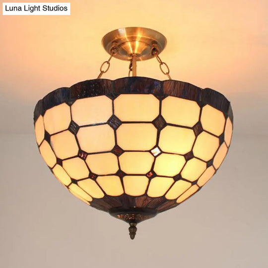 Blue/Brown Stained Glass Foyer Pendant Chandelier - Semi Globe Hanging Lamp Brown