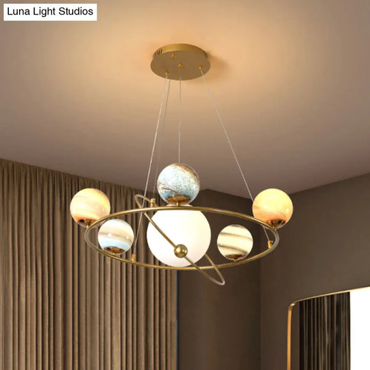 Stained Glass Solar System Ceiling Pendant Light For Kids Bedroom - Gold Chandelier Lighting