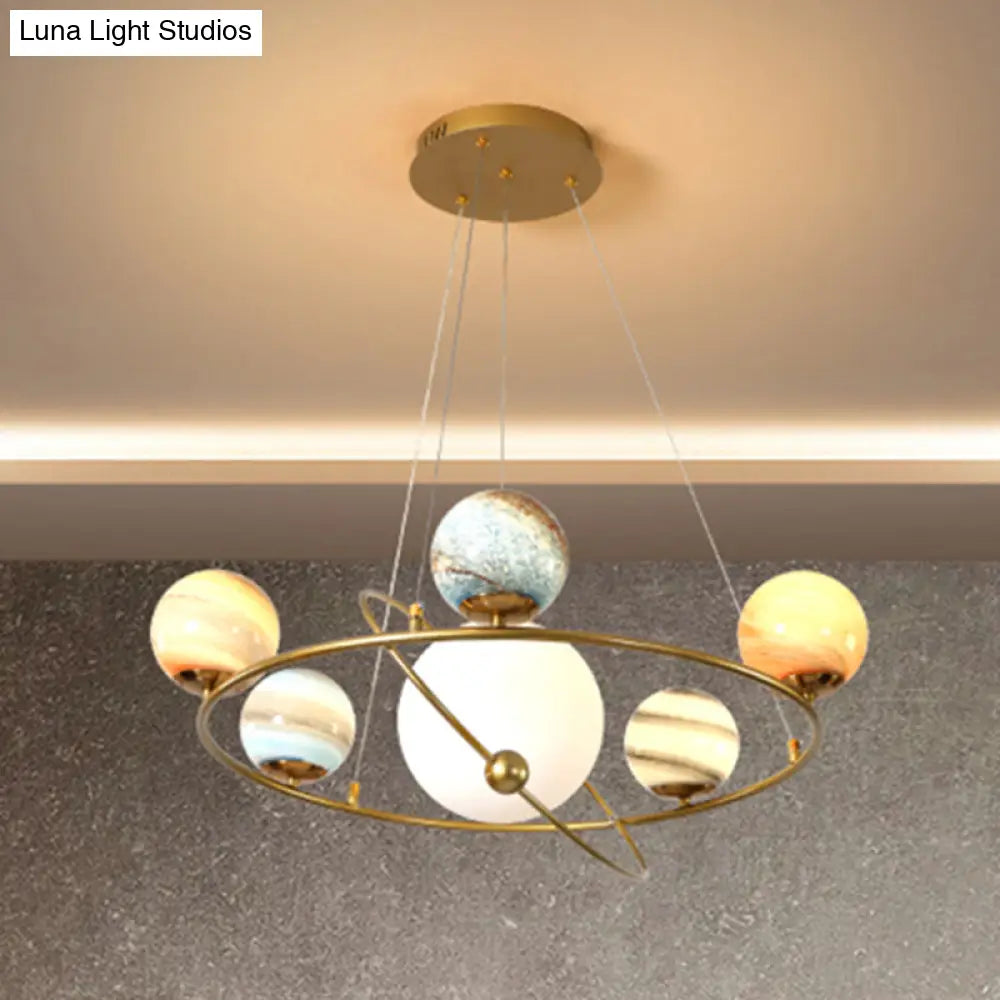 Stained Glass Solar System Ceiling Pendant Light For Kids Bedroom - Gold Chandelier Lighting