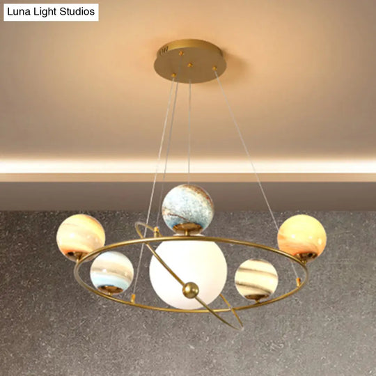 Stained Glass Solar System Ceiling Pendant Light For Kids Bedroom - Gold Chandelier Lighting