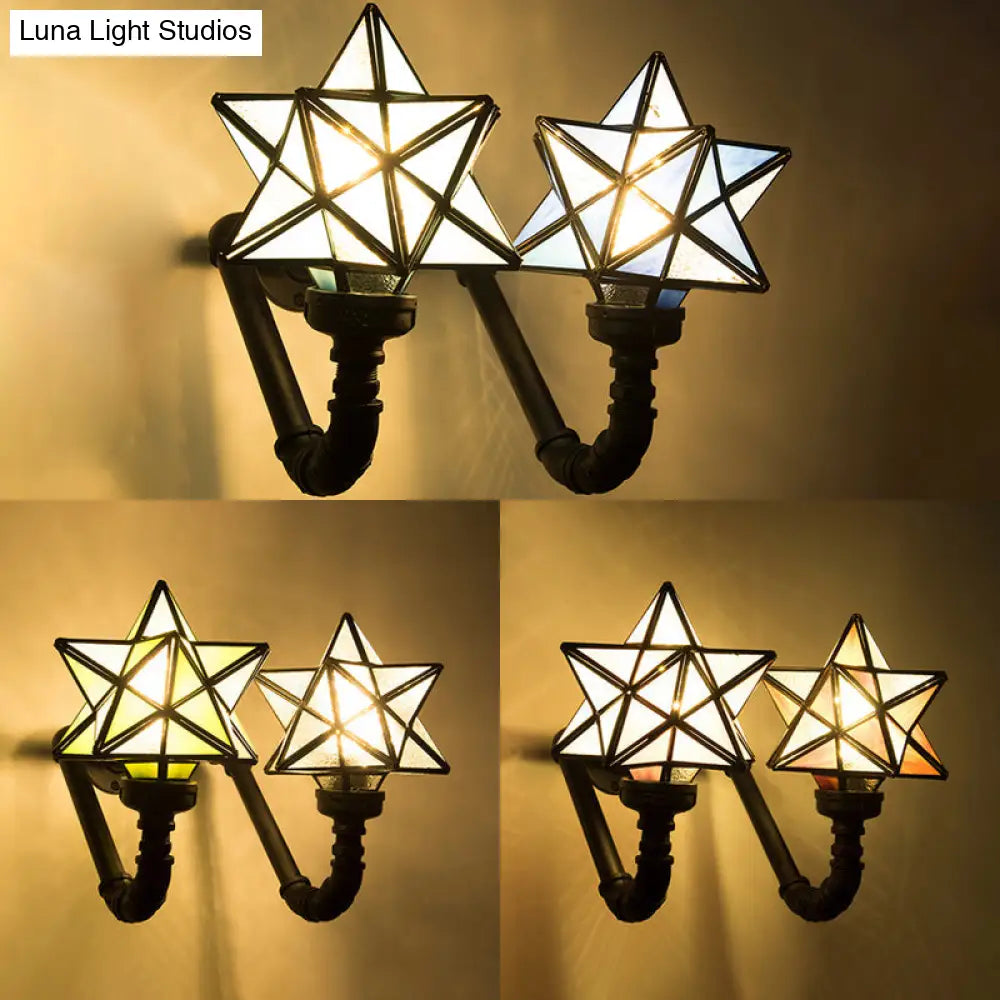 Stained Glass Star Sconce Lamp For Rustic Kitchen Double Wall Lighting In Pink/Green/Blue