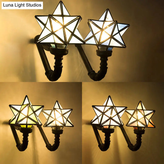 Stained Glass Star Sconce Lamp For Rustic Kitchen Double Wall Lighting In Pink/Green/Blue