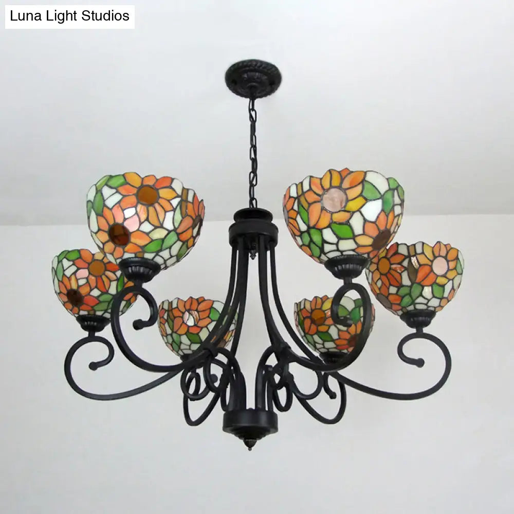 Stained Glass Sunflower Chandelier With 6 Lights And Metal Chain For Indoor Pendant Lighting