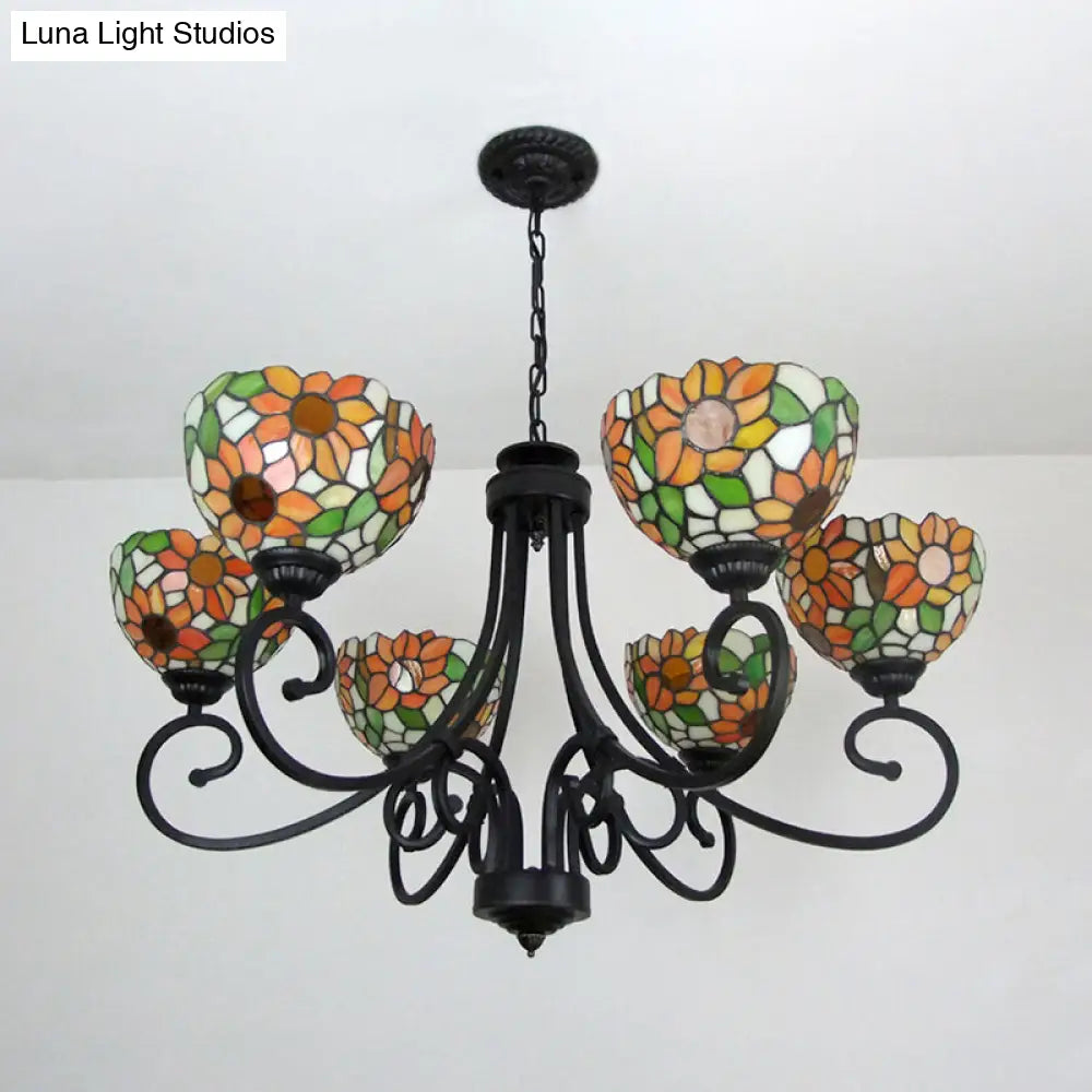 Sunflower Chandelier Lamp - Orange Stained Glass Pendant Lighting With Metal Chain (6 Lights)