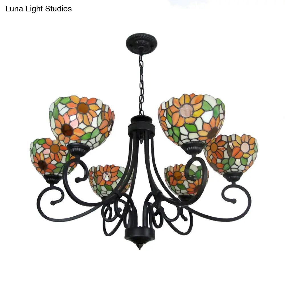 Stained Glass Sunflower Chandelier With 6 Lights And Metal Chain For Indoor Pendant Lighting