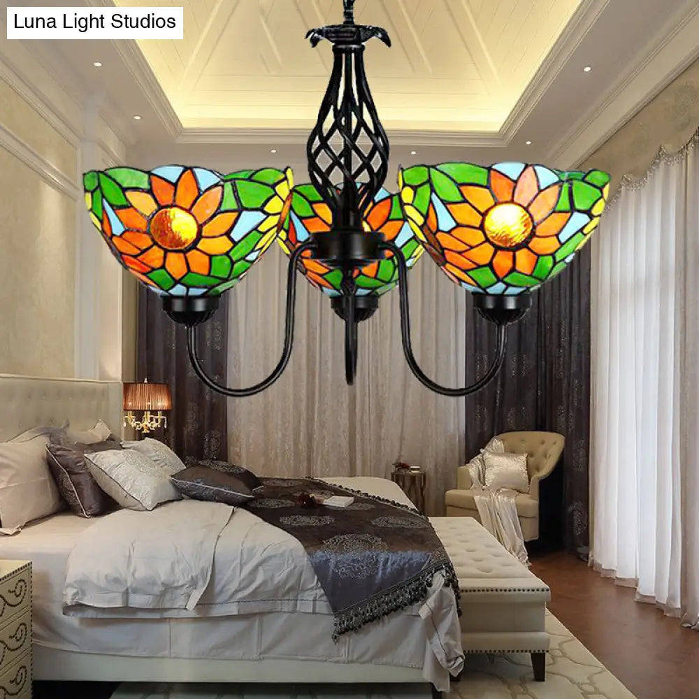 Stained Glass Sunflower Chandelier With Green Bowl Shade And Curved Arm Pendant Light