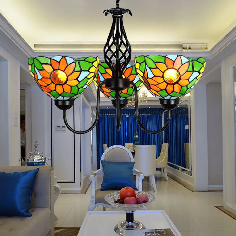 Stained Glass Sunflower Chandelier With Green Bowl Shade And Curved Arm Pendant Light