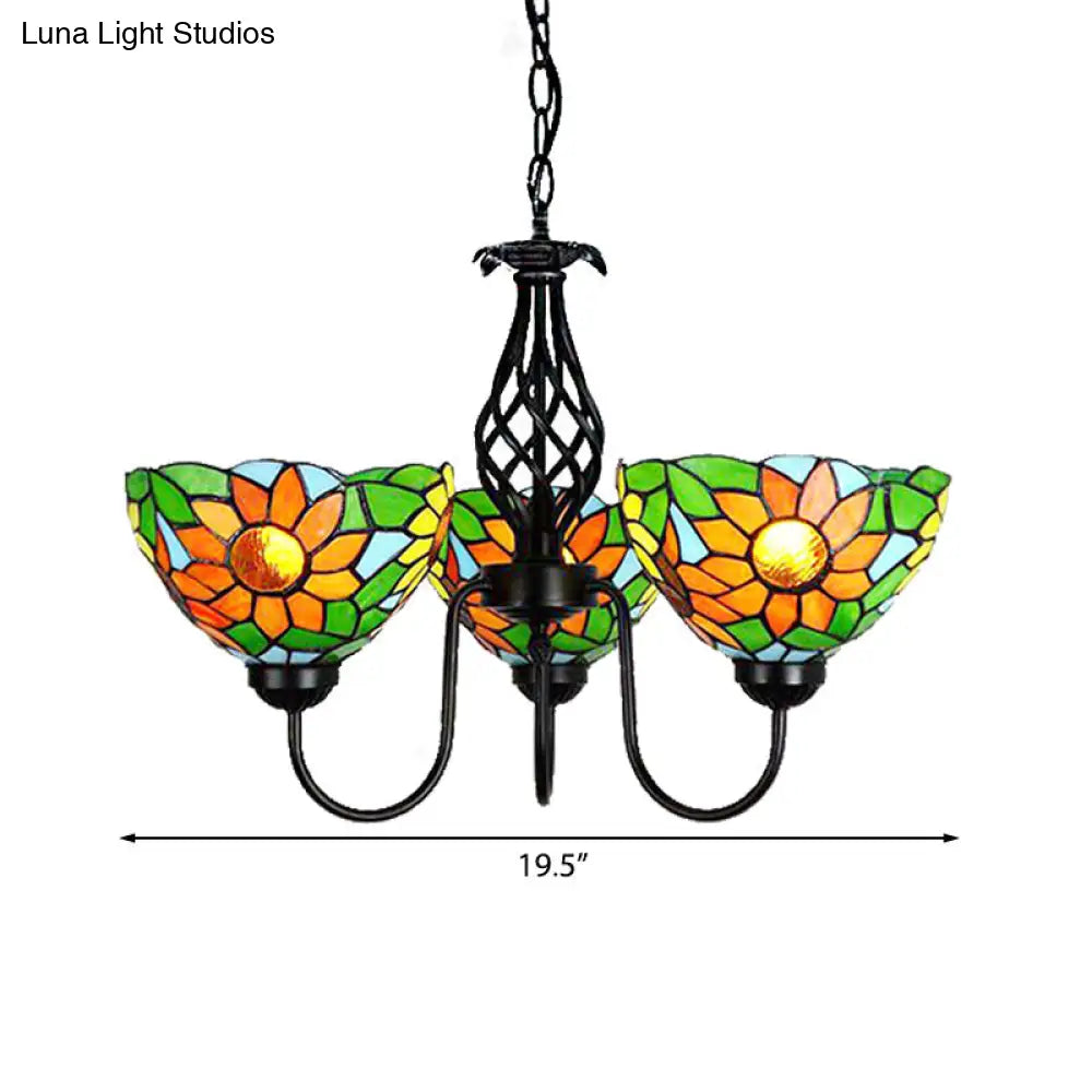 Green Stained Glass Sunflower Chandelier With Curved Arm And Bowl Shade - Lodge Pendant Light