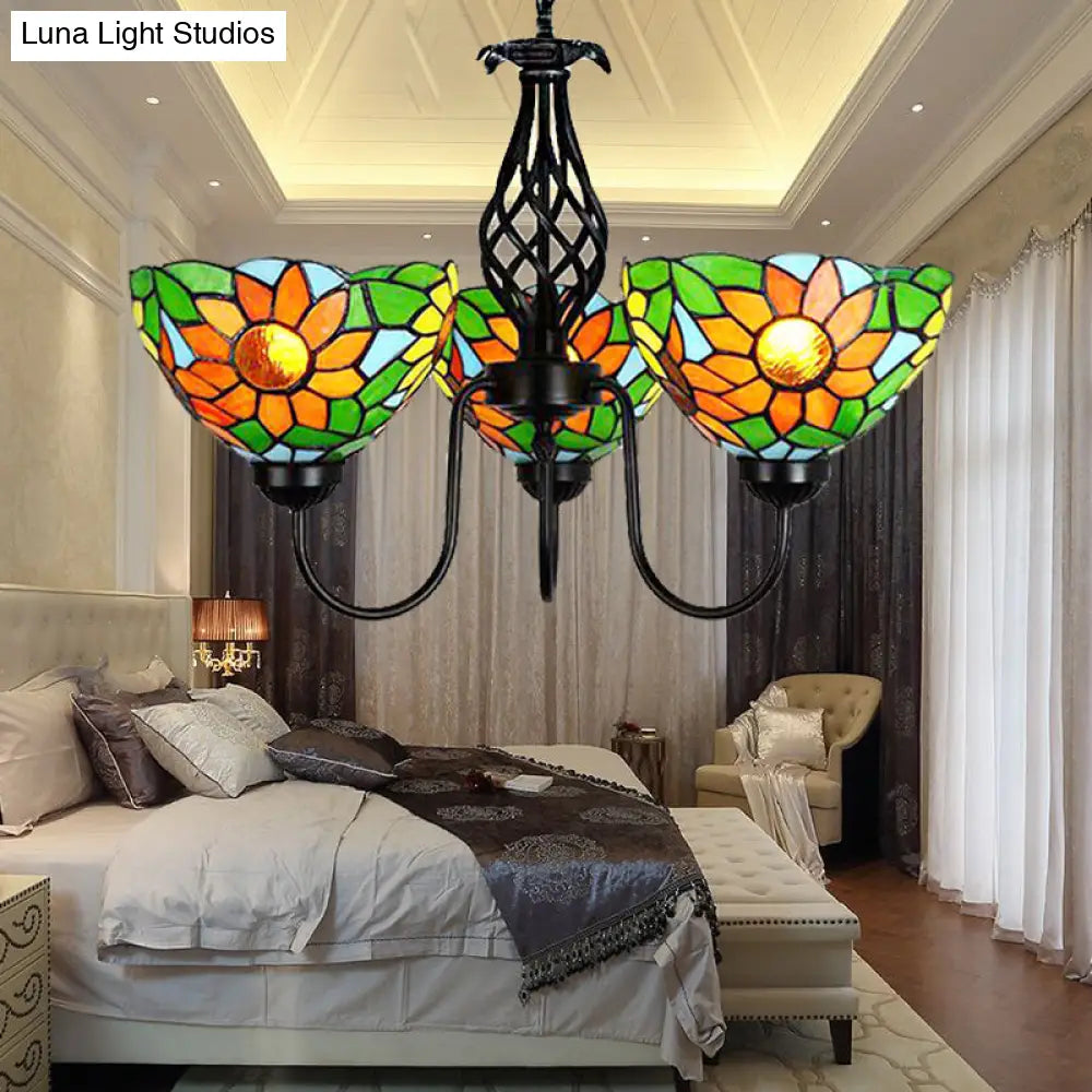 Green Stained Glass Sunflower Chandelier With Curved Arm And Bowl Shade - Lodge Pendant Light