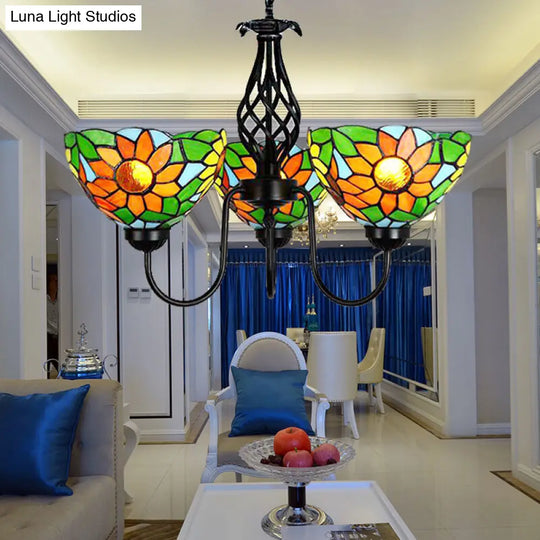 Green Stained Glass Sunflower Chandelier With Curved Arm And Bowl Shade - Lodge Pendant Light