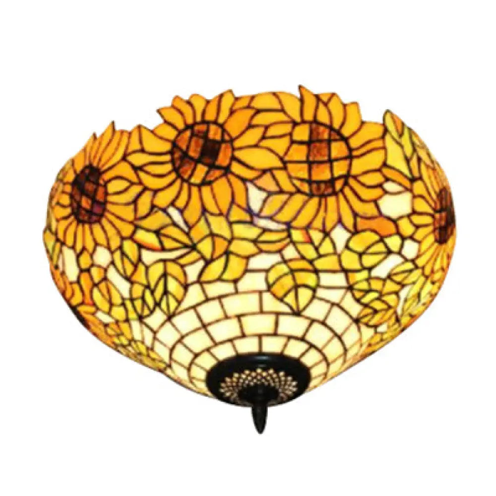 Stained Glass Sunflower Pattern Ceiling Light Fixture – Elegant Tiffany Style With 2 Flushmount