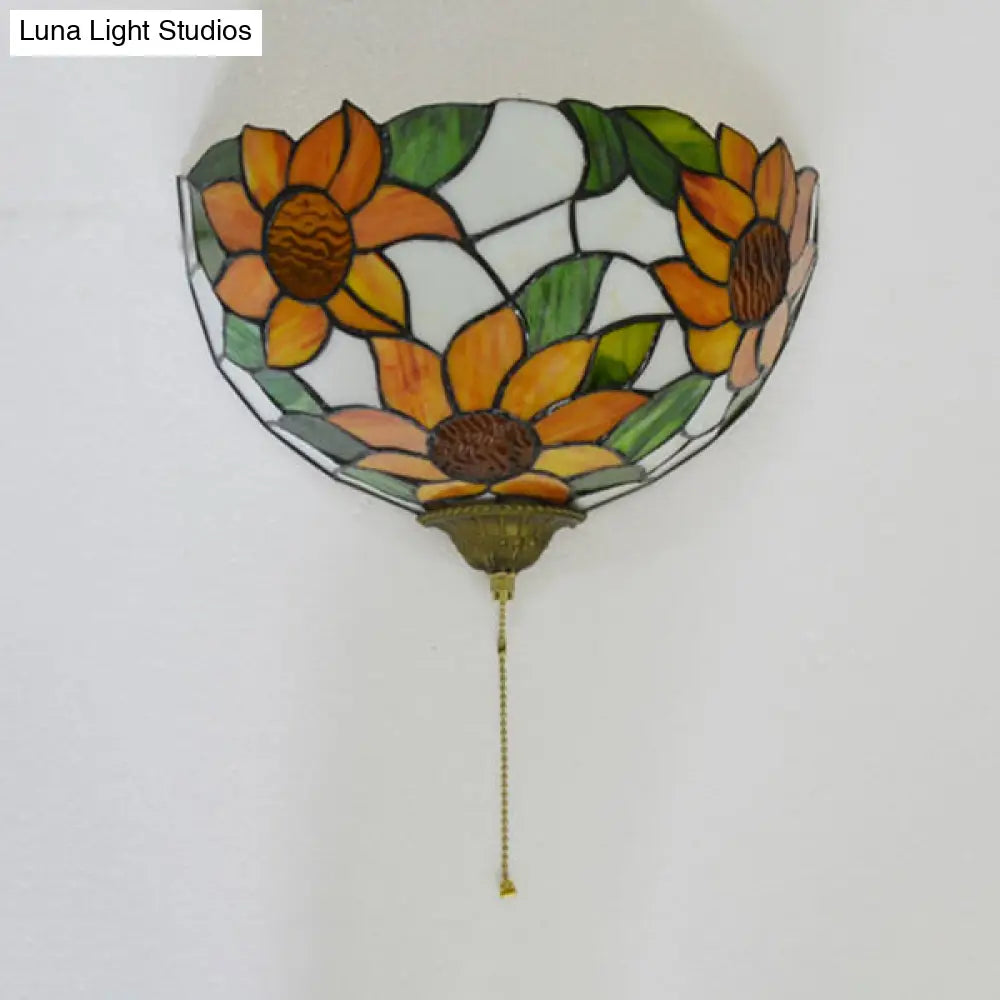 Stained Glass Sunflower Wall Sconce Light - Retro Loft Style With Pull Chain Orange And Green