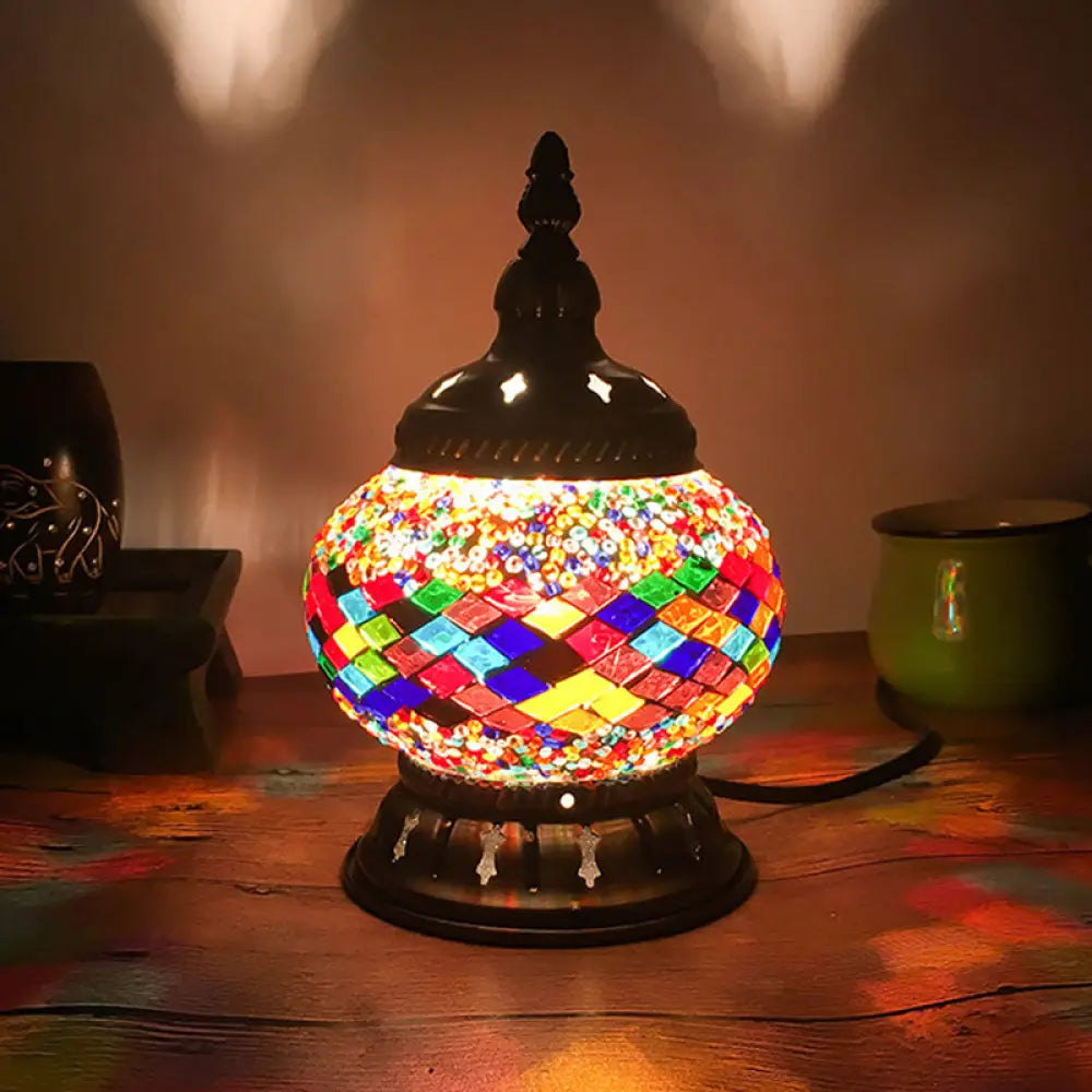 Stained Glass Table Lamp: Red/Yellow/Orange Sphere Traditional 1-Head Task Lighting For Bedroom