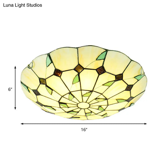 Stained Glass Tiffany Ceiling Light Fixture - 3 Bulbs Bowl Flush Lighting For Living Room