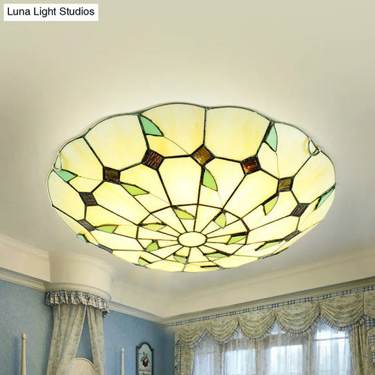 Stained Glass Tiffany Ceiling Light Fixture - 3 Bulbs Bowl Flush Lighting For Living Room