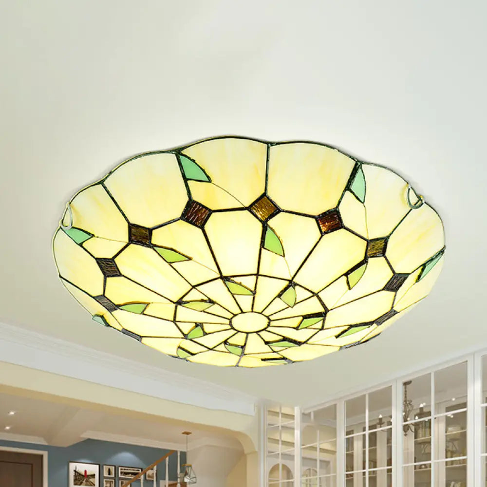 Stained Glass Tiffany Ceiling Light Fixture - 3 Bulbs Bowl Flush Lighting For Living Room Beige
