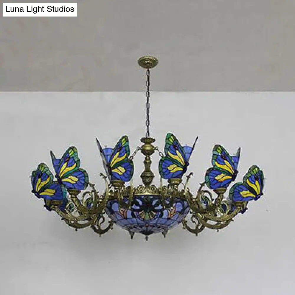 Butterfly Stained Glass Tiffany Chandelier Lamp - Indoor Pendant Light In Dark Blue/Sky