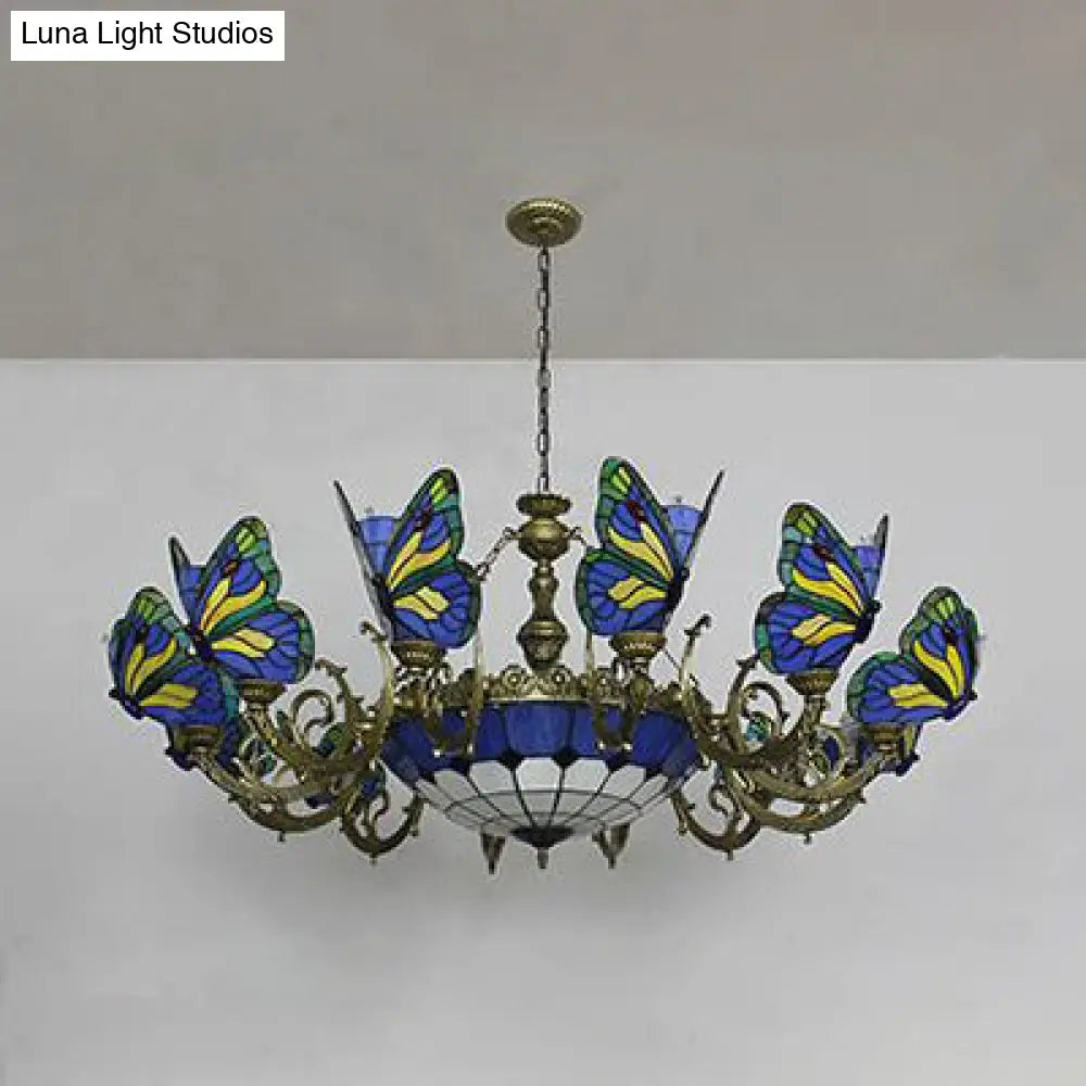 Stained Glass Tiffany Chandelier - Butterfly Indoor Pendant Light In Blue Tones For Hallway