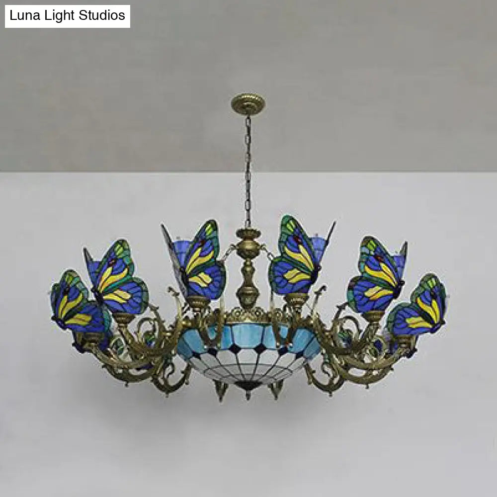 Stained Glass Tiffany Chandelier - Butterfly Indoor Pendant Light In Blue Tones For Hallway