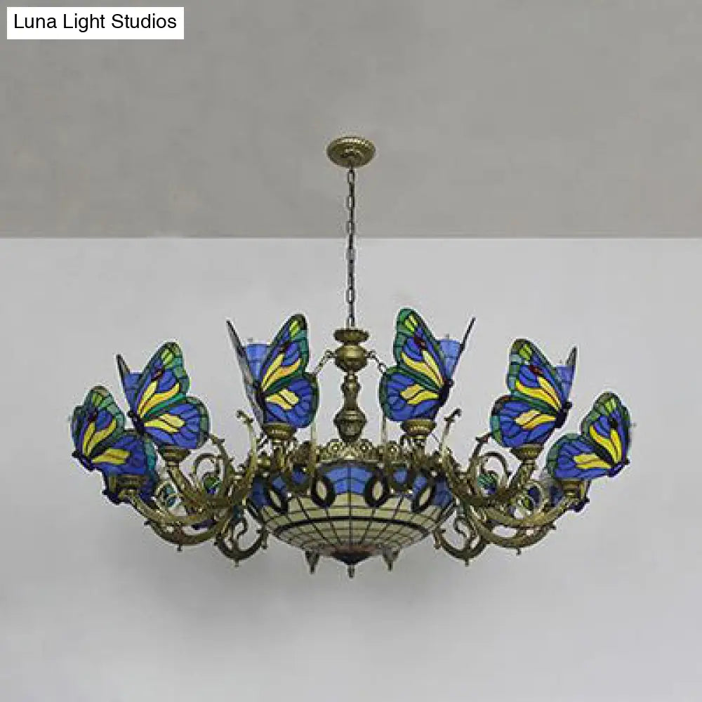 Stained Glass Tiffany Chandelier - Butterfly Indoor Pendant Light In Blue Tones For Hallway