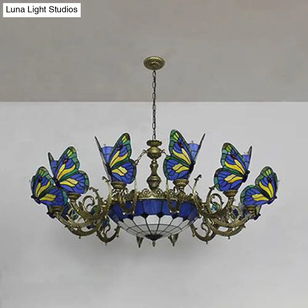 Butterfly Stained Glass Tiffany Chandelier Lamp - Indoor Pendant Light In Dark Blue/Sky