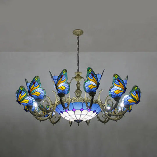 Stained Glass Tiffany Chandelier - Butterfly Indoor Pendant Light In Blue Tones For Hallway