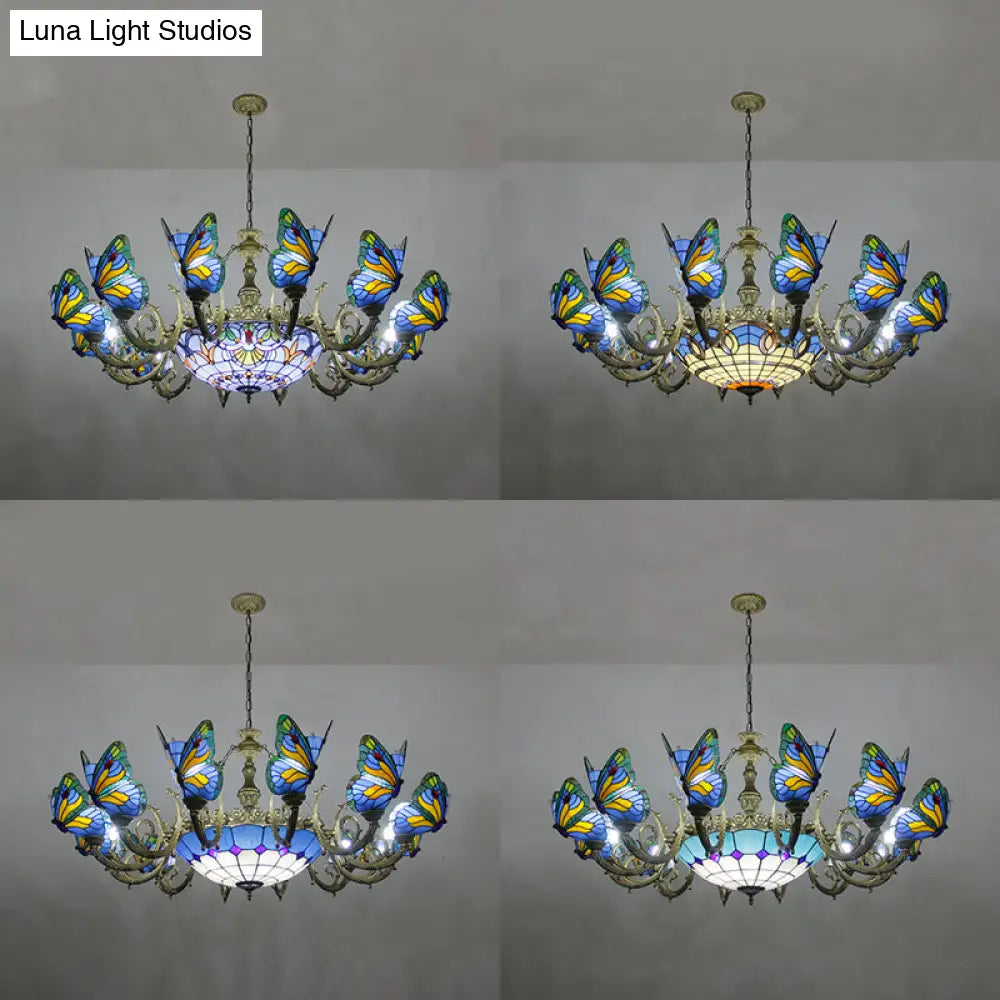 Stained Glass Tiffany Chandelier - Butterfly Indoor Pendant Light In Blue Tones For Hallway