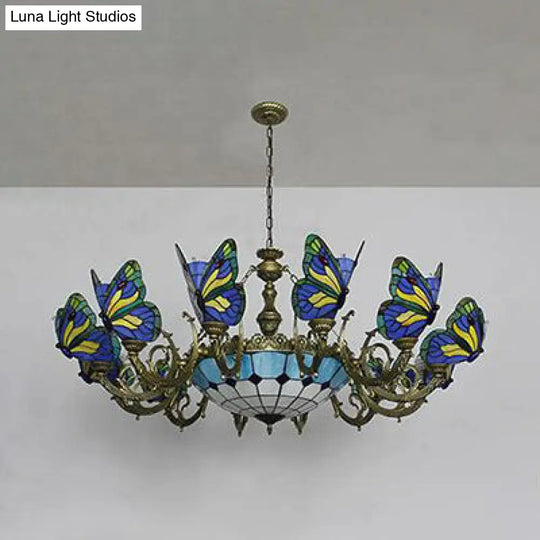 Butterfly Stained Glass Tiffany Chandelier Lamp - Indoor Pendant Light In Dark Blue/Sky