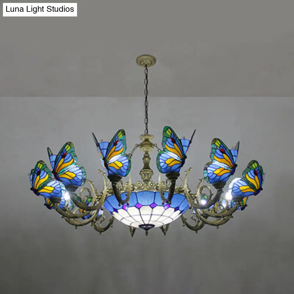 Butterfly Stained Glass Tiffany Chandelier Lamp - Indoor Pendant Light In Dark Blue/Sky