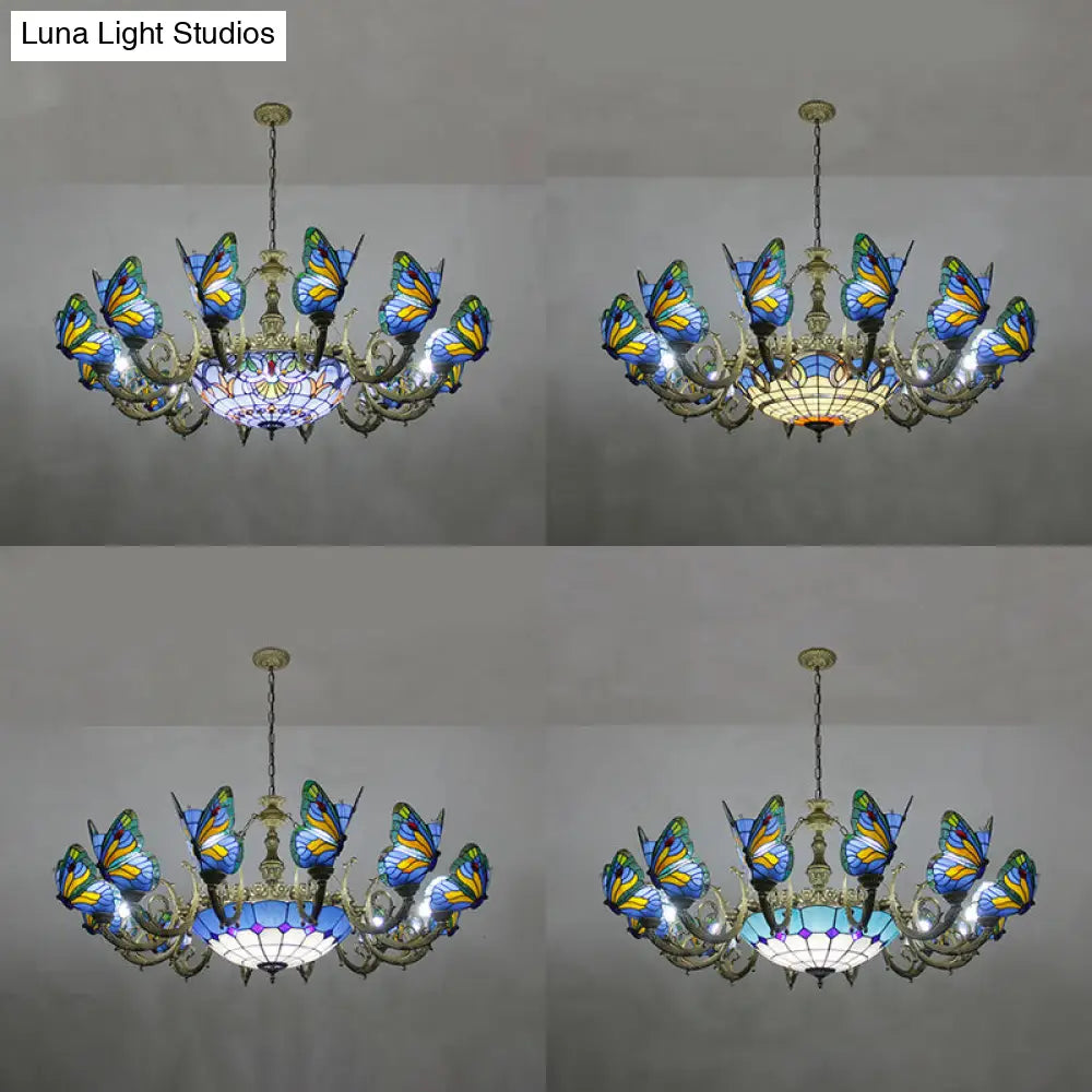 Butterfly Stained Glass Tiffany Chandelier Lamp - Indoor Pendant Light In Dark Blue/Sky