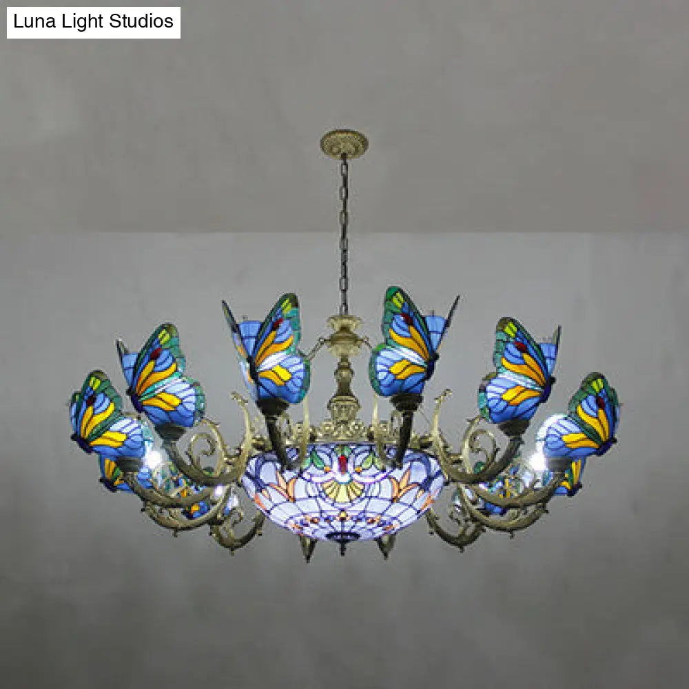 Butterfly Stained Glass Tiffany Chandelier Lamp - Indoor Pendant Light In Dark Blue/Sky