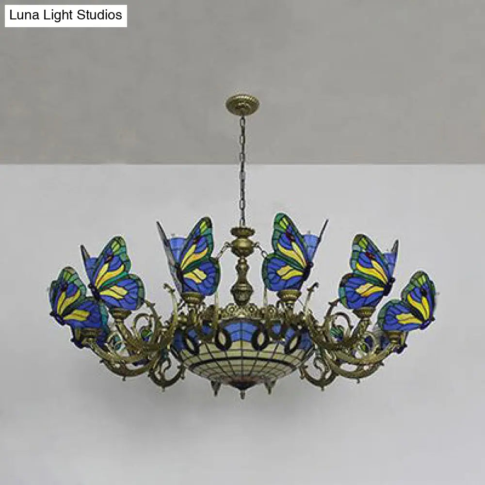 Butterfly Stained Glass Tiffany Chandelier Lamp - Indoor Pendant Light In Dark Blue/Sky