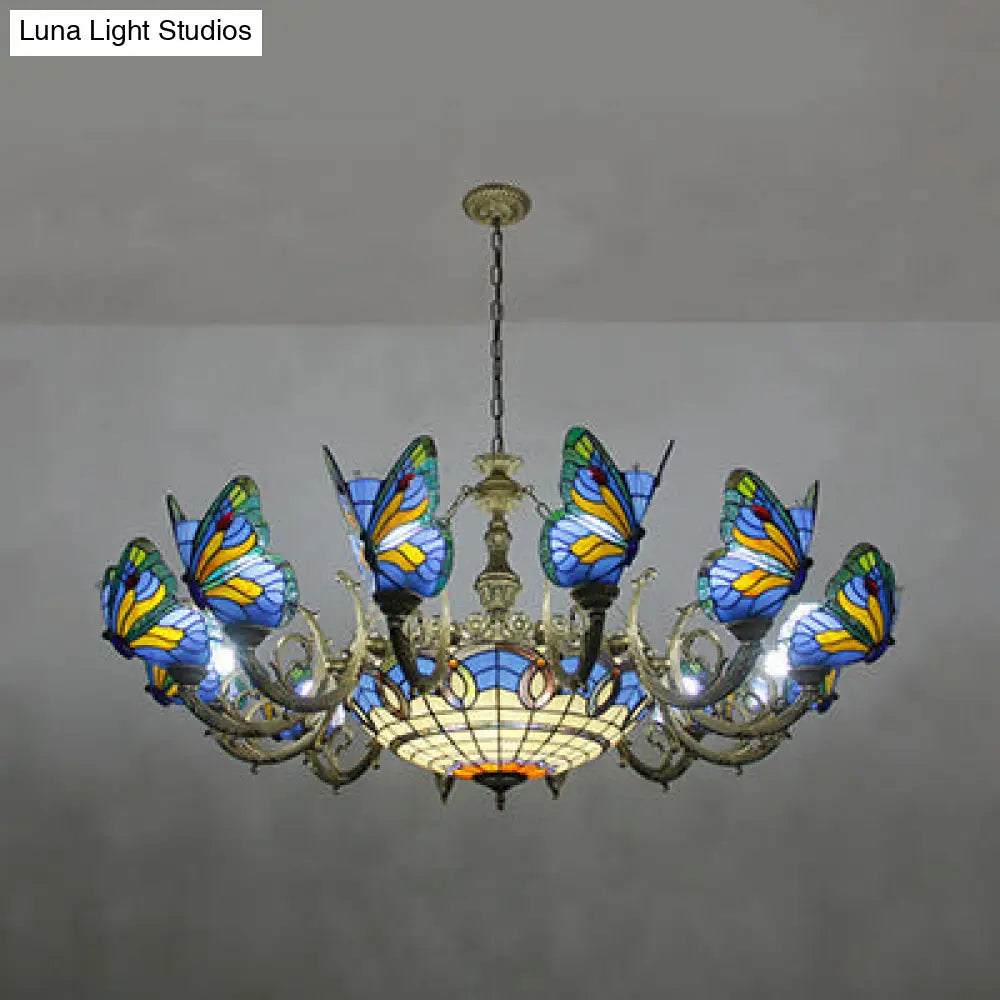 Butterfly Stained Glass Tiffany Chandelier Lamp - Indoor Pendant Light In Dark Blue/Sky