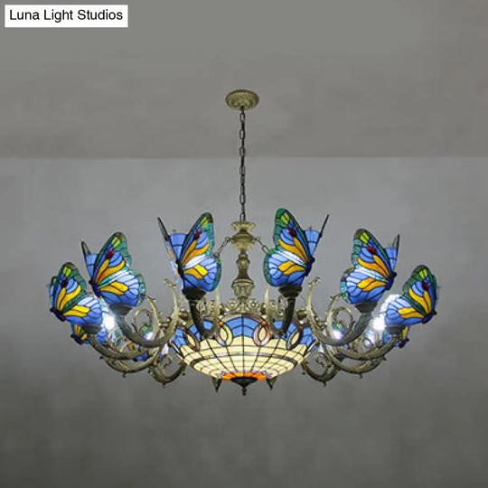 Butterfly Stained Glass Tiffany Chandelier Lamp - Indoor Pendant Light In Dark Blue/Sky