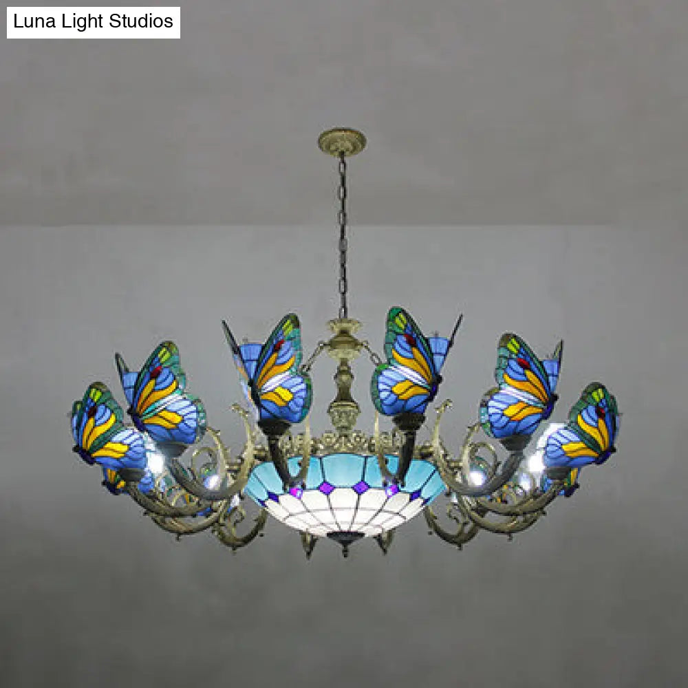 Butterfly Stained Glass Tiffany Chandelier Lamp - Indoor Pendant Light In Dark Blue/Sky