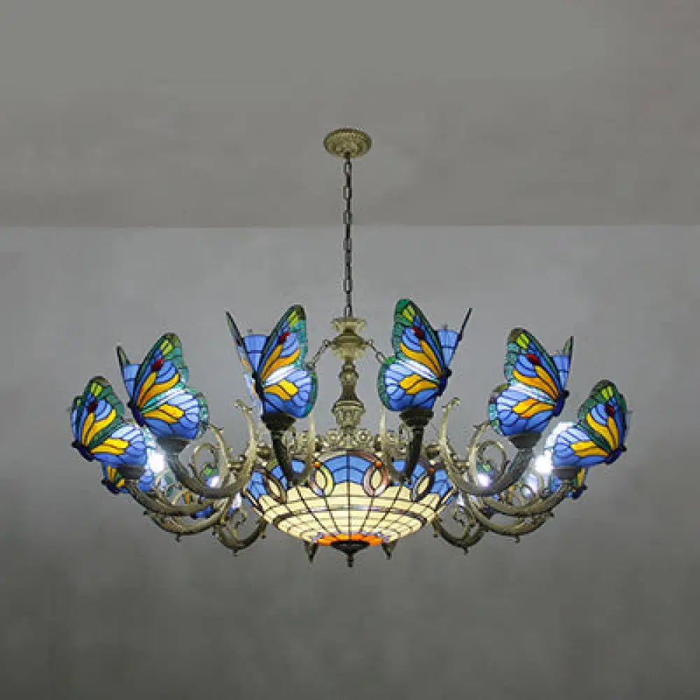 Stained Glass Tiffany Chandelier - Butterfly Indoor Pendant Light In Blue Tones For Hallway Beige