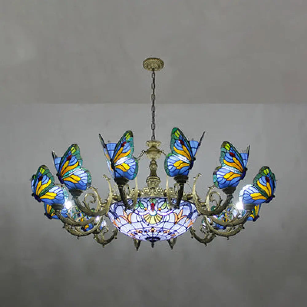 Stained Glass Tiffany Chandelier - Butterfly Indoor Pendant Light In Blue Tones For Hallway Dark